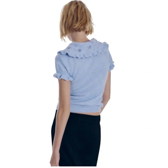 ZARA Peter Pan Beaded Collar Blue Cropped Knit Sweater Ruffle Trim Women’s Large - Picture 2 of 14